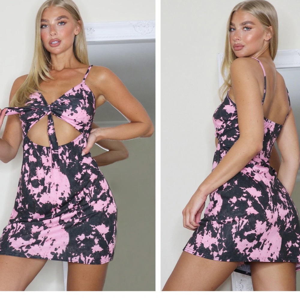 Prettylittlething Black and Pink tie dye dress